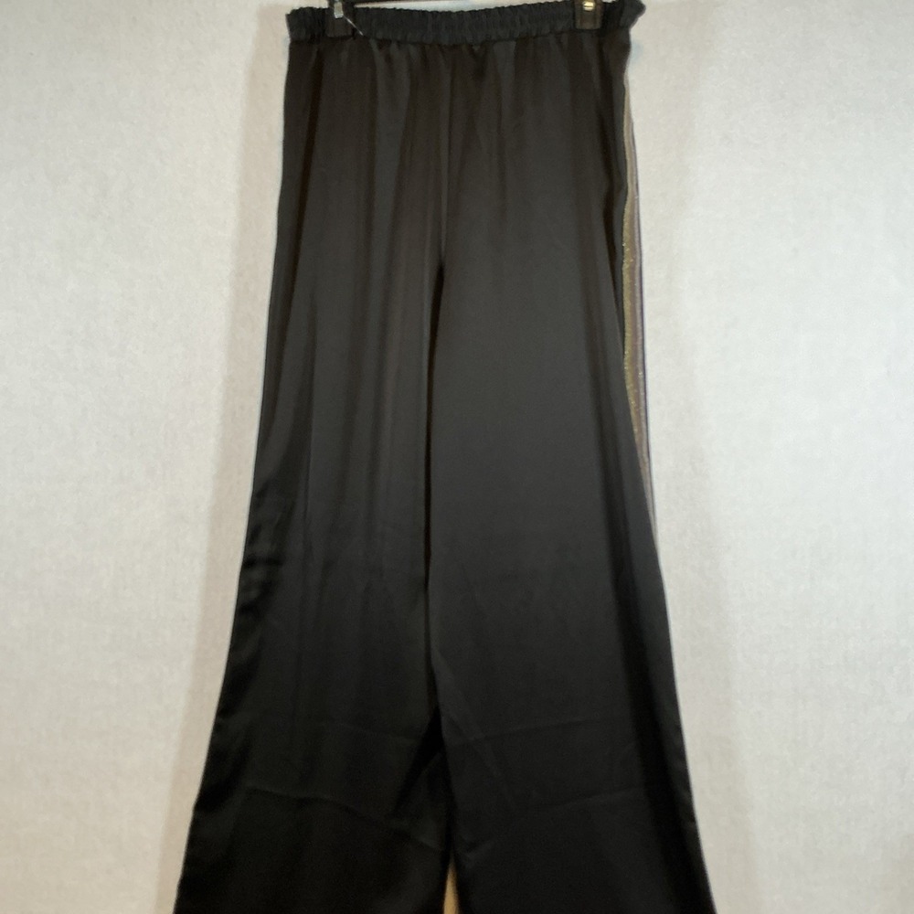 Wide Leg Pants Women Size M Black Rainbow Metallic Side Stripe Satin Chic - Picture 3 of 7